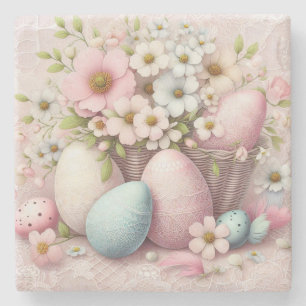 Påskägg vid Monogram snöre rosa blommigt i basket Stenunderlägg