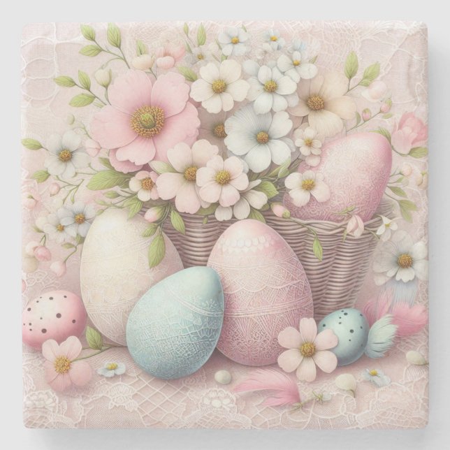 Påskägg vid Monogram snöre rosa blommigt i basket Stenunderlägg (Framsidan)