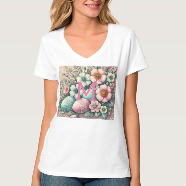 Påskägg vid Monogram snöre rosa blommigt i basket T Shirt (Framsida)