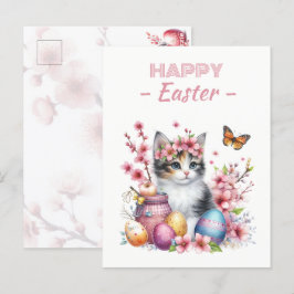 Påskägg Watercolor Kitten Cherry-Blommar Vykort