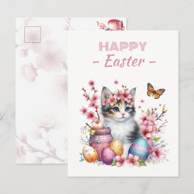 Påskägg Watercolor Kitten Cherry-Blommar Vykort (Fram/baksida)
