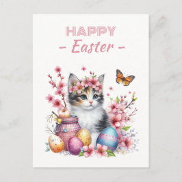 Påskägg Watercolor Kitten Cherry-Blommar Vykort