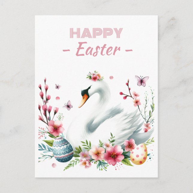 Påskägg Watercolor Svan Cherry Blommars Vykort (Framsida)