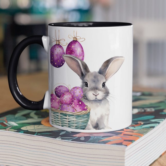 Påskäggen påskhare och Cerise i Basket Mugg (Happy Easter customizable two toned coffee mug with cute bunny and polka dotted Easter eggs. )