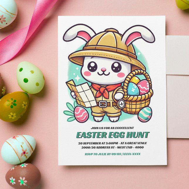 Påskägget Hunt i Cute Bunny Explorer Inbjudningar (Invite friends and family to an eggcellent Easter egg hunt with this adorable invitation!)