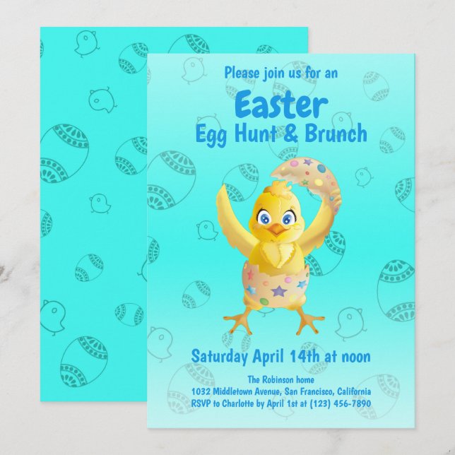 Påskägget Hunt Party Chick för Gult Inbjudningar (Fram/baksida)
