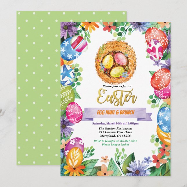 Påskäggets jaktfest. Vattenfärgshändelse Inbjudningar (Fram/baksida)