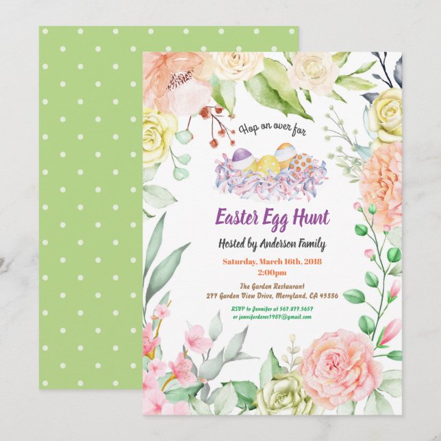 Påskäggets jaktinbjudan.Vattenfärgsblomma Inbjudningar (Fram/baksida)