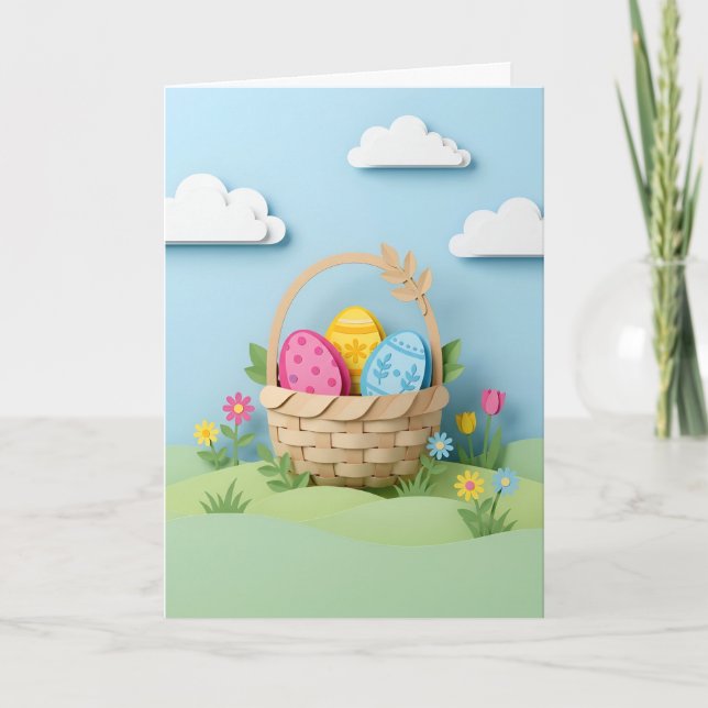 Påskäggs korg Papperskonst blommor Helgkort (Framsida)