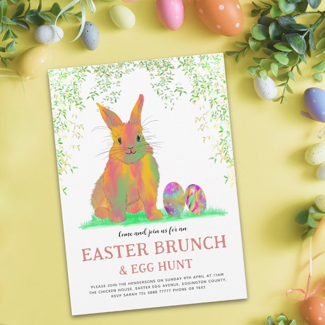 Påskäggsjakt Brunch Färgglad Söt Kanin & Ägg Inbjudan Vykort (Easter egg hunt spring brunch watercolor cute bunny and eggs garden party postcard invitation)