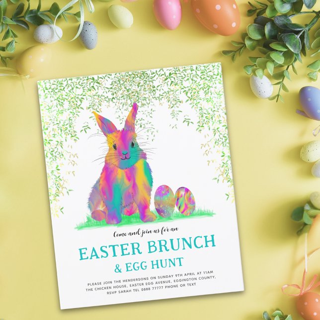 Påskäggsjakt Brunch Färgglad Söt Kanin Budget (Easter egg hunt spring brunch cute colorful watercolor Easter bunny garden party budget invitation)