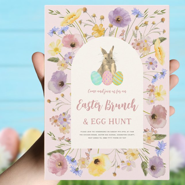Påskäggsjakt Brunch Söt Kanin Blommig Rosa Inbjudningar (Easter brunch and egg hunt boho floral bunny invitation )