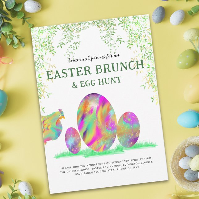 Påskäggsjakt Brunch Vattenfärg Söt Höna budget (Easter egg hunt brunch cute chicken colorful watercolor spring garden party budget  invitation)