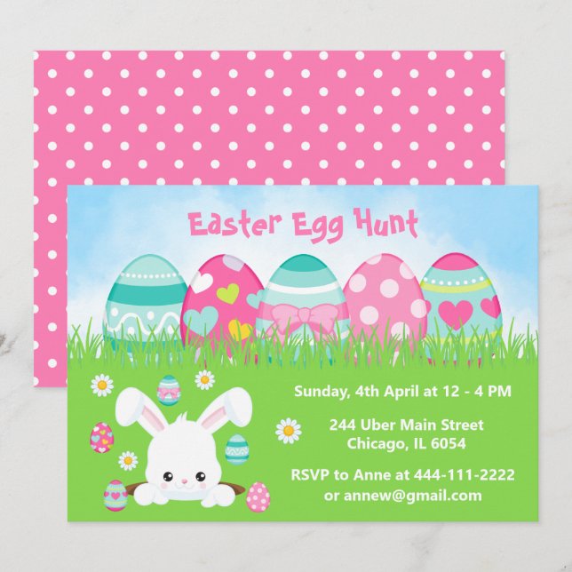 Påskäggsjakt i turkosblått och rosa inbjudningar (Fram/baksida)