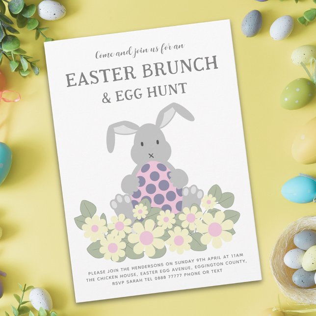 Påskäggsjakt Vårbrunch Söt Kanin Blommig Inbjudningar (Easter egg hunt spring brunch cute bunny daisy floral pink invitation)