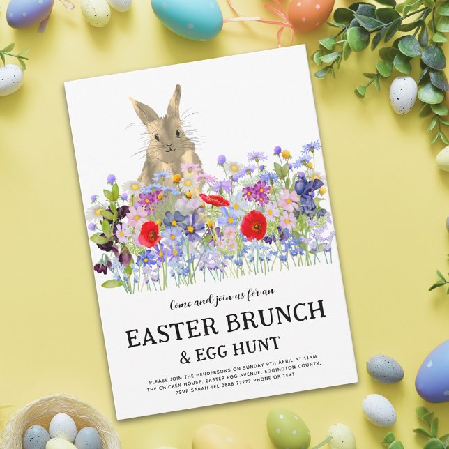 Påskäggsjakt Vårbrunch Söt Kanin Blommig Inbjudningar (Modern easter egg hunt spring brunch cute bunny wildflower floral invitation Colorful vibrant )