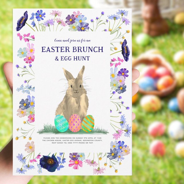 Påskäggsjakt Vårbrunch Söt Kanin Blommig Inbjudningar (Easter brunch and egg hunt cute bunny boho floral watercolor invitation blue purple pink green)