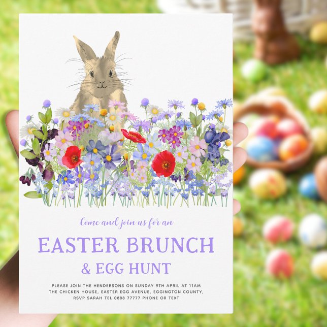 Påskäggsjakt Vårbrunch Söt Kanin Blommig Inbjudningar (Easter brunch egg hunt cute bunny floral watercolor invitation purple blue pink red green)