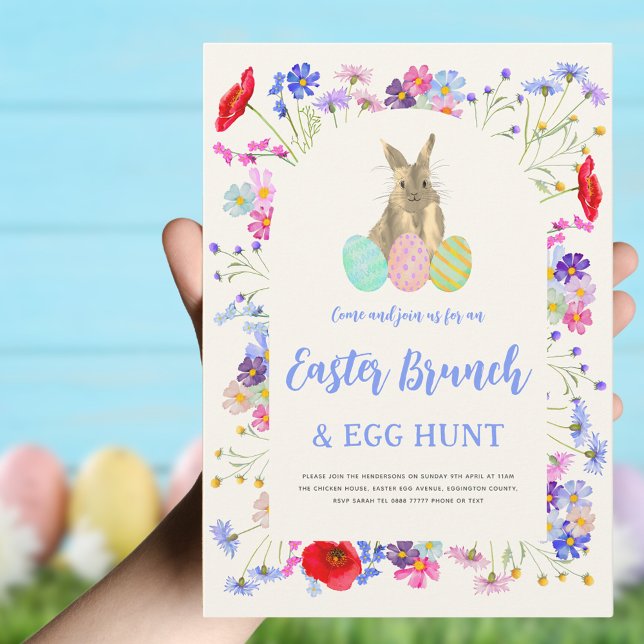 Påskäggsjakt Vårbrunch Söt Kanin Blommig Inbjudningar (Easter brunch and egg hunt boho bunny invitation)