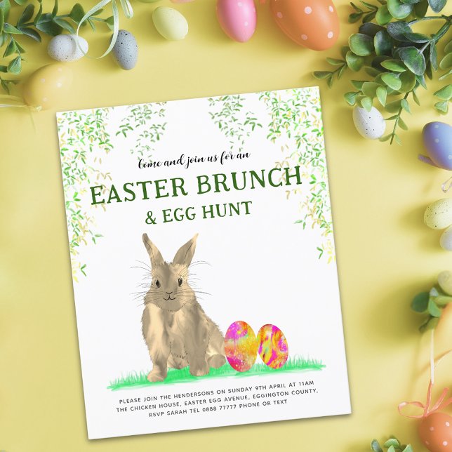 Påskäggsjakt Vårbrunch Söt Kanin Budget (Easter brunch egg hunt cute bunny watercolor colorful eggs spring garden party budget invitation)