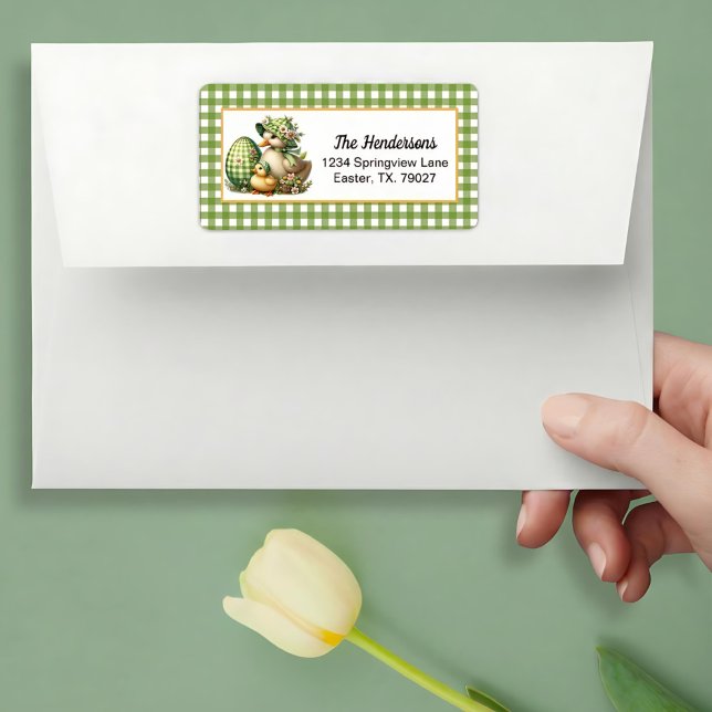 Påskänder Påskägg & Blommor på Grön Gingham Adressetikett (Skapare uppladdad)
