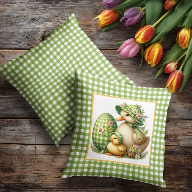 Påskankor Påskägg & Blommor på Grön Gingham Kudde (Skapare uppladdad)