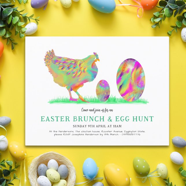 Påskbrunch Äggjakt Akvarell Kyckling Budget Inbjudan Vykort (Easter brunch and egg hunt invitation colorful cute chicken and eggs art)