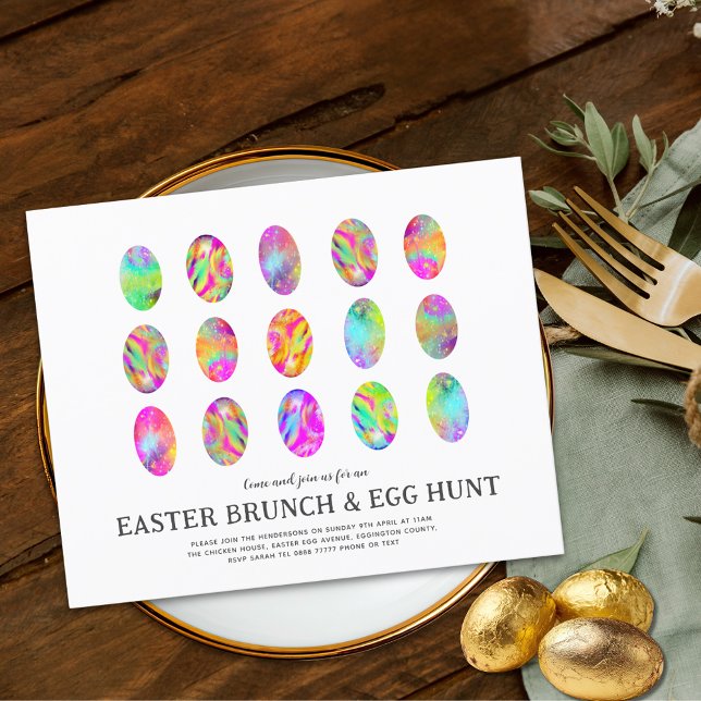 Påskbrunch Äggjakt Akvarellägg Budget (Minimalist Easter brunch egg hunt colorful watercolor easter egg art garden party budget  invitation)