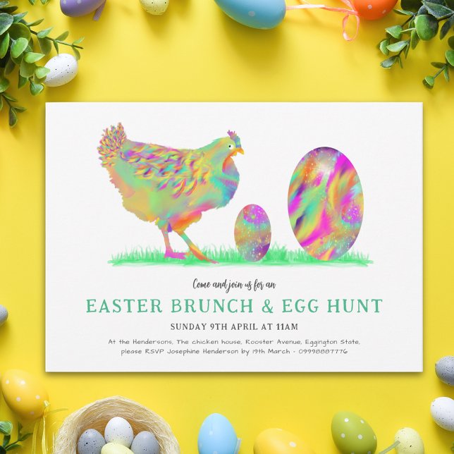 Påskbrunch Äggjakt Vattenfärg Kyckling Inbjudningar (Easter brunch egg hunt cute colorful hen & eggs spring party invitation chicken lover scavenger hunt)