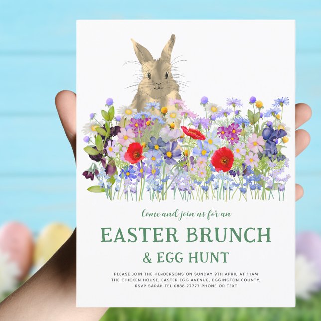Påskbrunch Äggsökning Söt Kanin Blommig Inbjudan Vykort (Easter brunch and egg hunt boho wildflower watercolor  invitation)