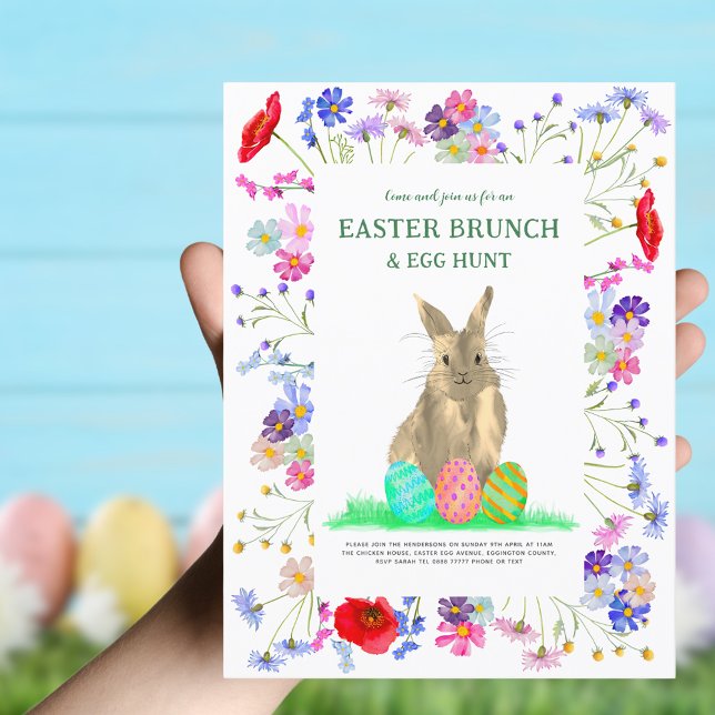 Påskbrunch Äggsökning Söt Kanin Boho Blommig Inbjudan Vykort (Easter brunch and egg hunt colorful wildflowers and Easter bunny invitation )