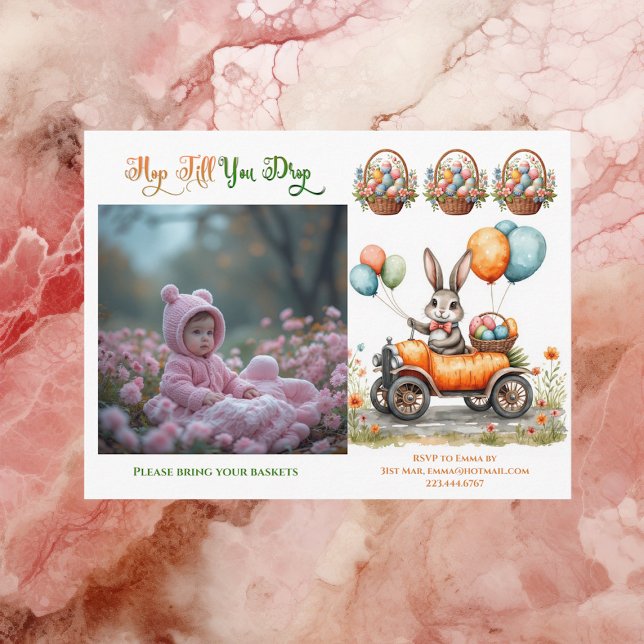 Påskbrunch & äggsökning | Vårkaninens morottsbil Inbjudan Vykort (Easter Brunch & Egg Hunt | Spring Bunny Carrot Car Invitation Postcard)