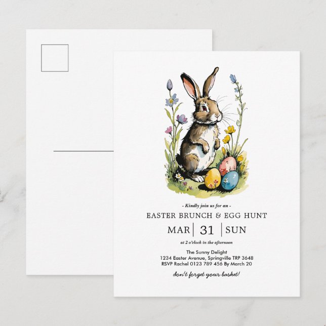 Påskbrunch & äggsökning | Wildflower Bunny Inbjudan Vykort (Fram/baksida)