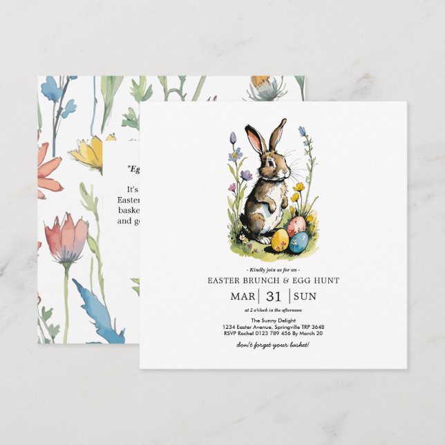 Påskbrunch & äggsökning | Wildflower Bunny Inbjudningar (Fram/baksida)