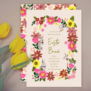 Påskbrunch för kanin i vårträdgården med blommor inbjudningar