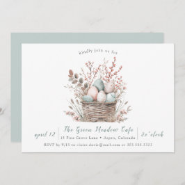 Påskbrunch med pastellfärgad blomsterkorg inbjudningar