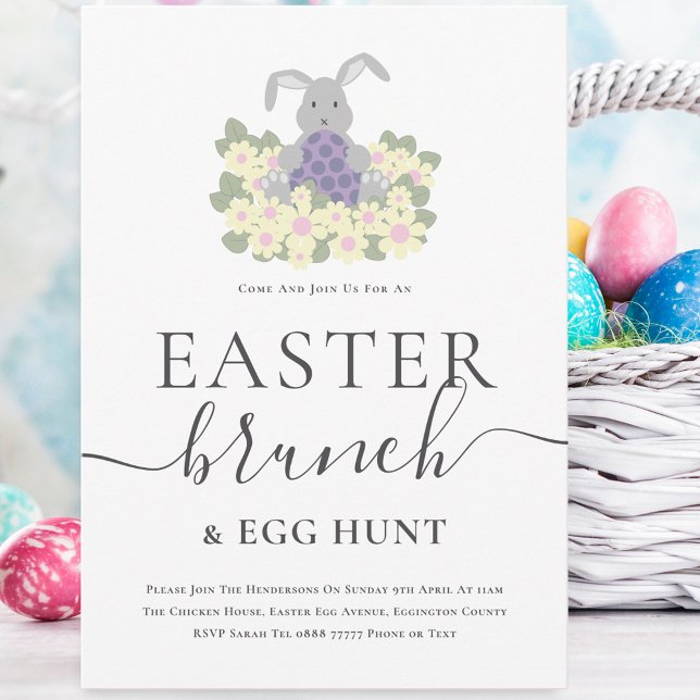 Påskbrunch och äggjakt Söt kanin Inbjudningar (Cute easter bunny egg hunt and brunch spring party invitation )