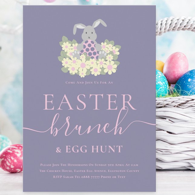 Påskbrunch och äggsökning inbjudningar (Cute easter bunny egg hunt and brunch spring party purple pink invitation )
