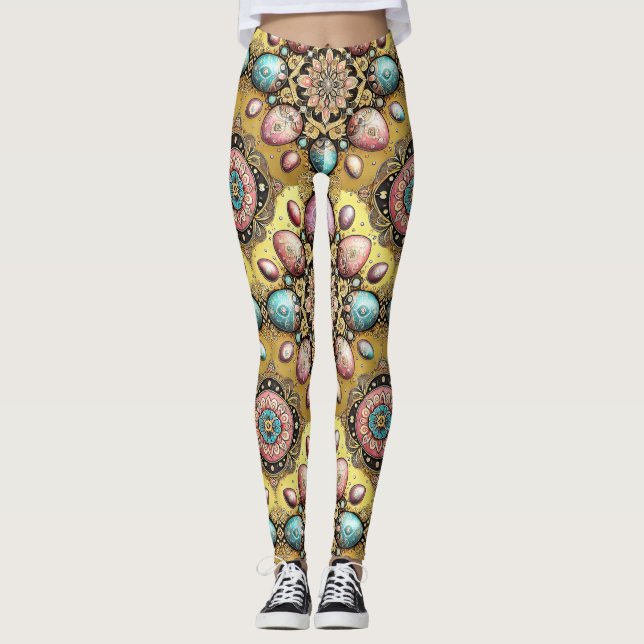 PÅSKEÄGG ~ Guld Blå Rosa 3D~ Leggings (Framsida)