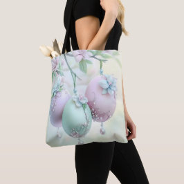 PÅSKEÄGG OCH BLOMMOR I PASTELL ROSA OCH GRÖN TYGKASSE