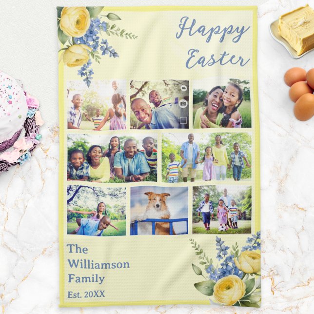 Påskfamiljefotocollage Vårblommor Gula Kökshandduk (A pretty yellow Easter kitchen towel with multi photo collage, custom family name and Spring flowers)