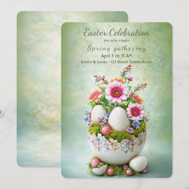Påskfestinbjudan Blommiga Ägg Vår Elegant Inbjudningar (Fram/baksida)