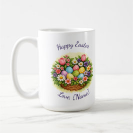 Påskfjäderkorg med ägg, blommor och blad kaffemugg