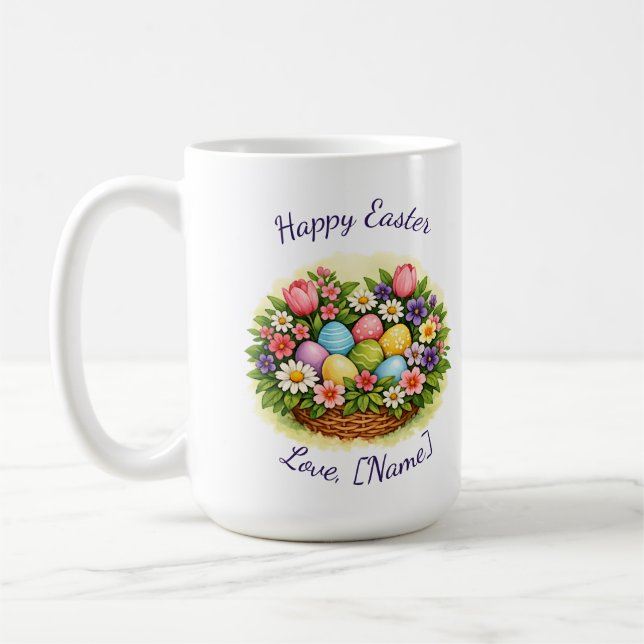 Påskfjäderkorg med ägg, blommor och blad kaffemugg (Vänster)