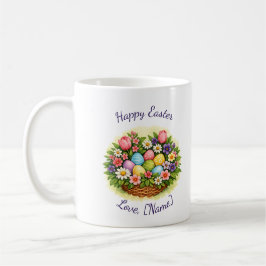 Påskfjäderkorg med ägg, blommor och blad kaffemugg