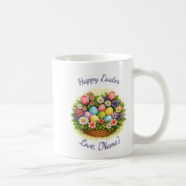 Påskfjäderkorg med ägg, blommor och blad kaffemugg