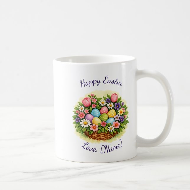 Påskfjäderkorg med ägg, blommor och blad kaffemugg (Höger)