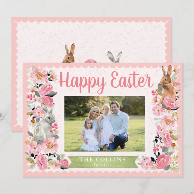 Påskfoto Familj med kanin Blommig Rosa Kort (Fram/baksida)