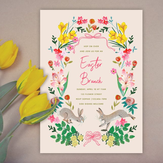Påskfrukost med kanin tema vår trädgårdsfest  inbjudningar (Floral Bunny Easter Brunch Spring Garden Party Card Invitation)