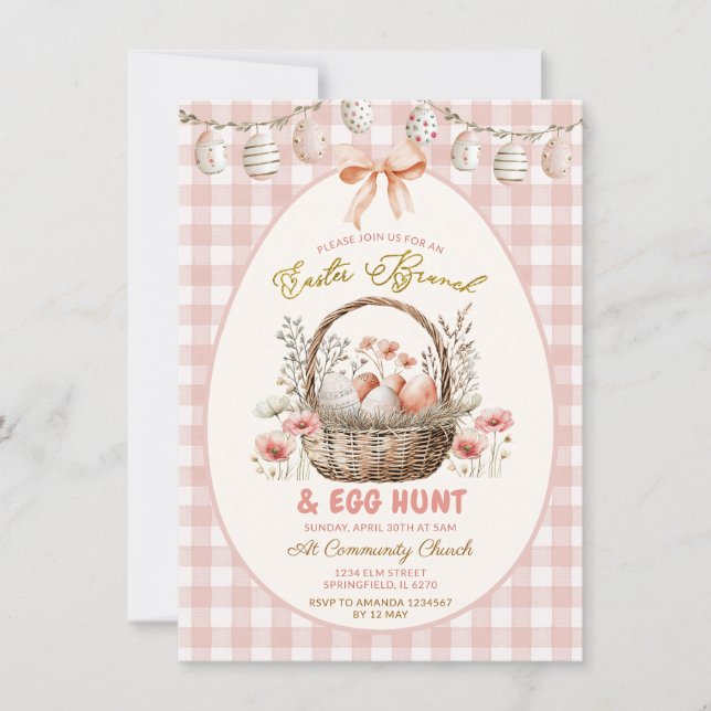 Påskfrukost med persika-gingham blommor och äggsök inbjudningar (Framsida)